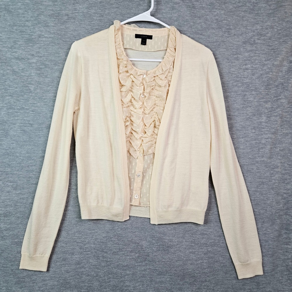 J.Crew Merino Wool Ruffle Clip Dot Front Cardigan Sweater Cream Sz S